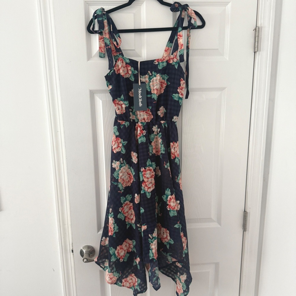 NWT‎ ModCloth XXS Navy Floral Gingham Print Tie Strap Sleeveless Dress Midi